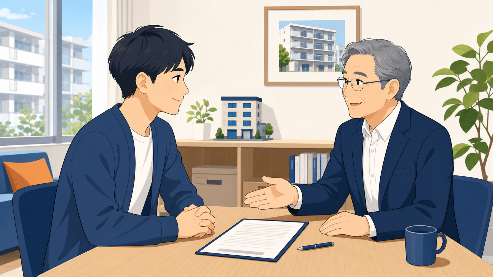 入居者と大家が賃貸契約書を前に話し合うイラスト
