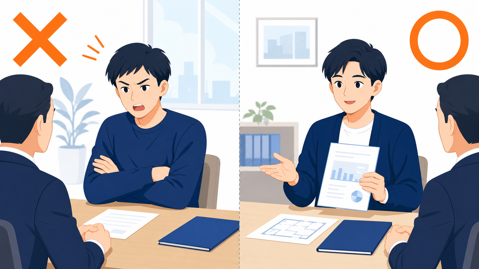 感情的な交渉に×、資料に基づく冷静な交渉に◯を付けた比較イラスト