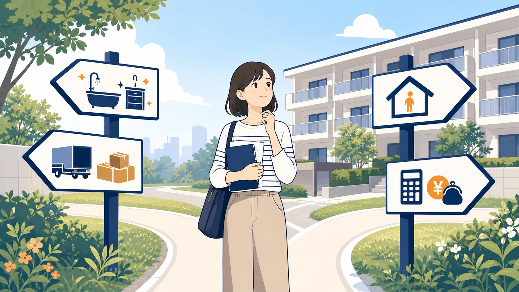 断られた後の選択肢（設備改善・引越し・費用）を検討する入居者のイラスト
