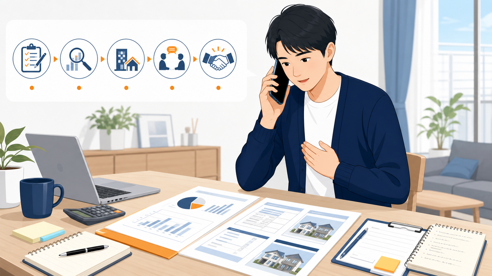 周辺相場の資料を準備して管理会社に電話する入居者のイラスト